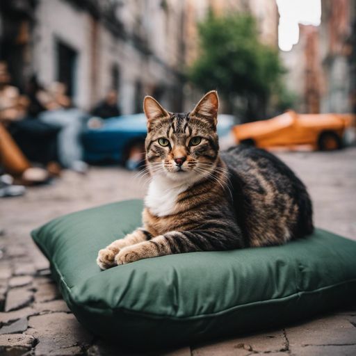 This is a beautiful stock photo of a cat laying on a pillow next to a street with people